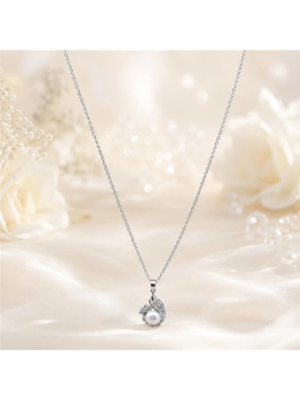 White Pearl Clear Crystal Paisley Pendant Necklace Silver Plated 20 In